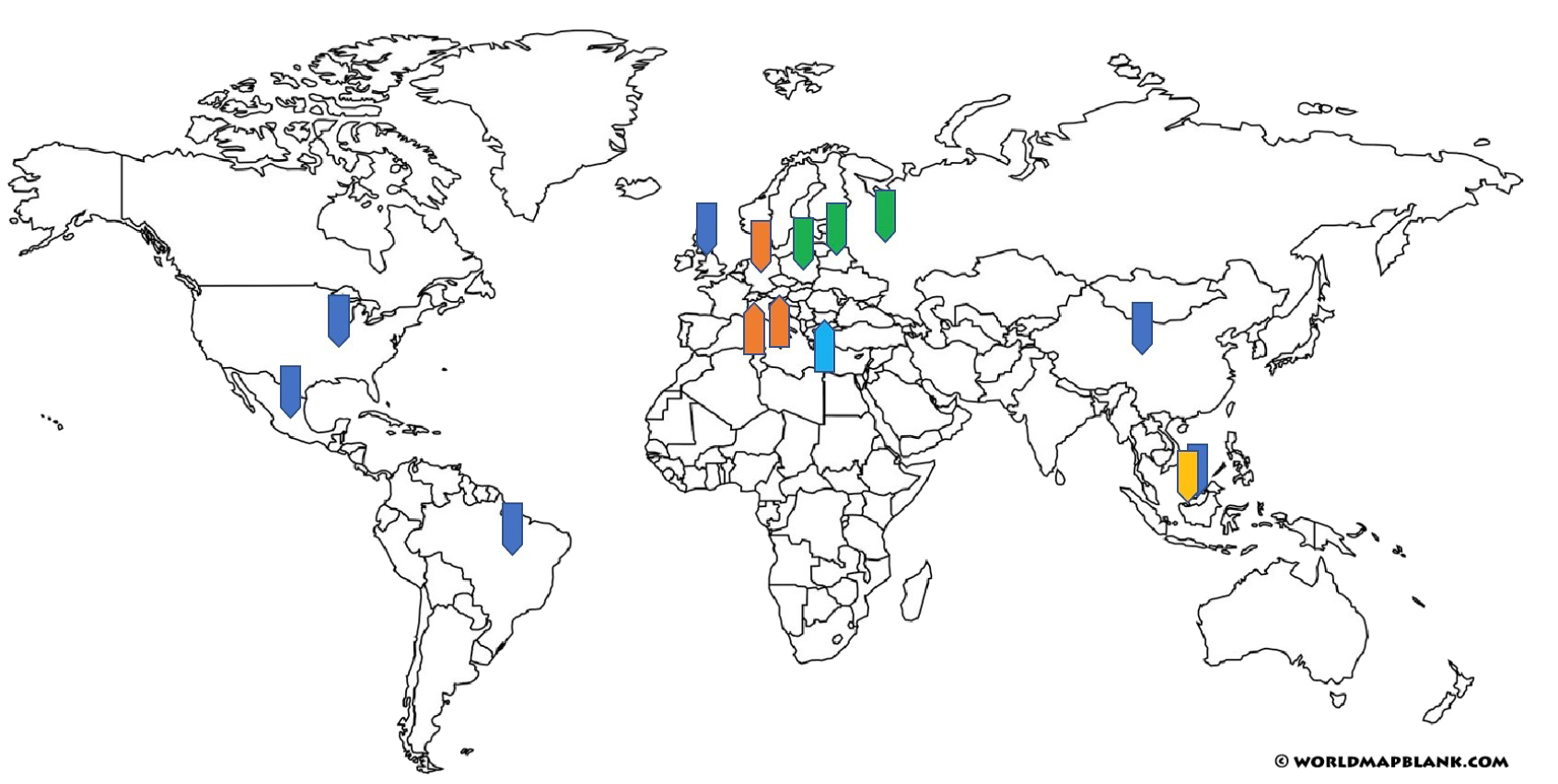 Weltkarte mit Fähnchen zeigt die globale Tätigkeit des Unternehmens