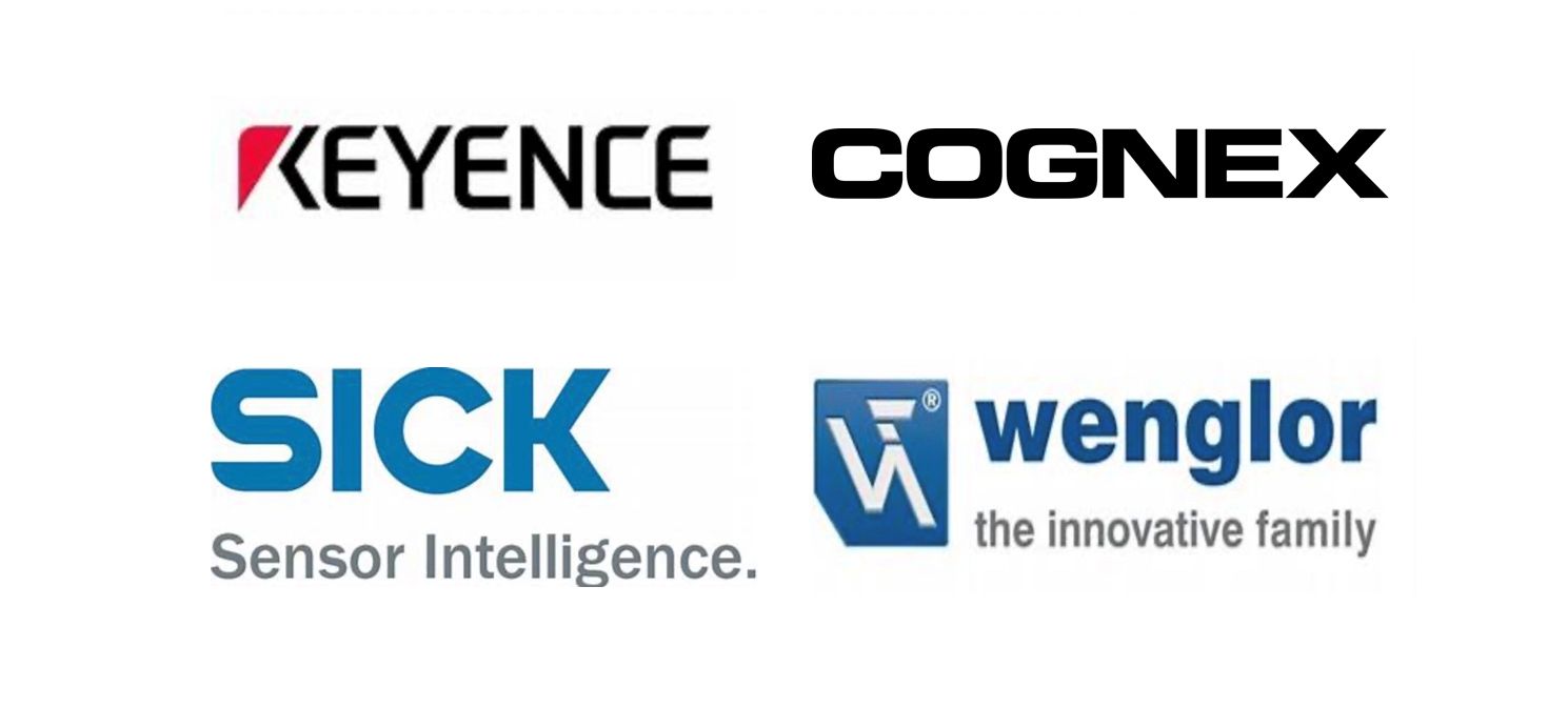 Collage der Herstellerlogos Keyence, Cognes, Sick und Wenglor